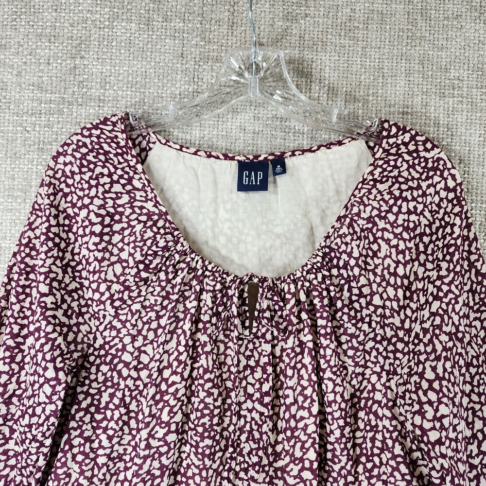Gap Boho Tiered Cotton Gauze Dress Womens MT Tall Purple Cream Splotch Tie Neck - Picture 2 of 12